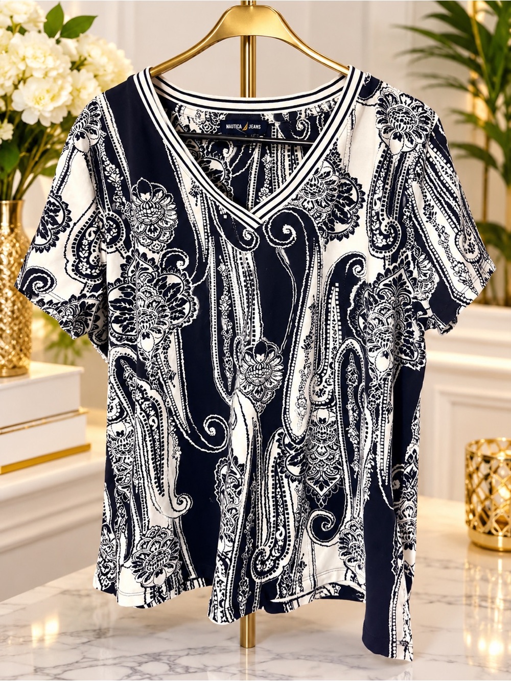 Nautica Navy and White Paisley V-Neck Short Sleeve Tee